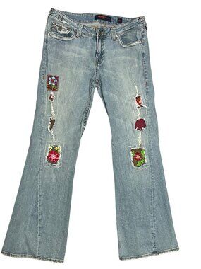 Vigoss Patchwork Distressed Flare Jeans Women's Size 13/14 Y2K Boho Embroidered